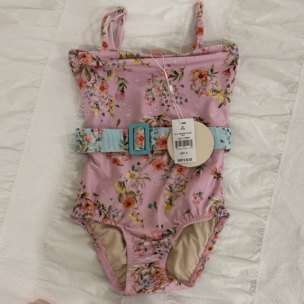 PQ Swim Pink Floral One-Piece Swimsuit with Blue Belt